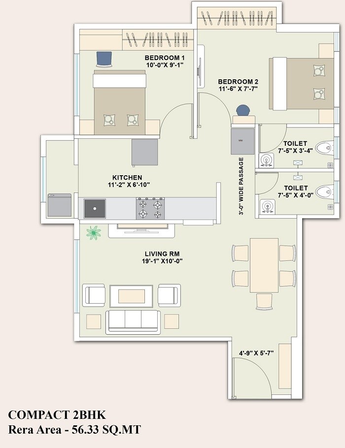 Floor plan of 2 BHK 780 Sq. Ft. Apartment in Kashish Park Apartment, Thane