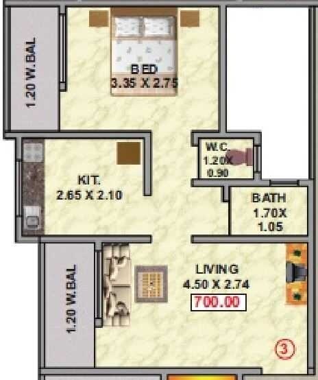 Floor plan of 1 BHK Apartment - 700 sq. ft. in Kashmira Galaxy, Thane