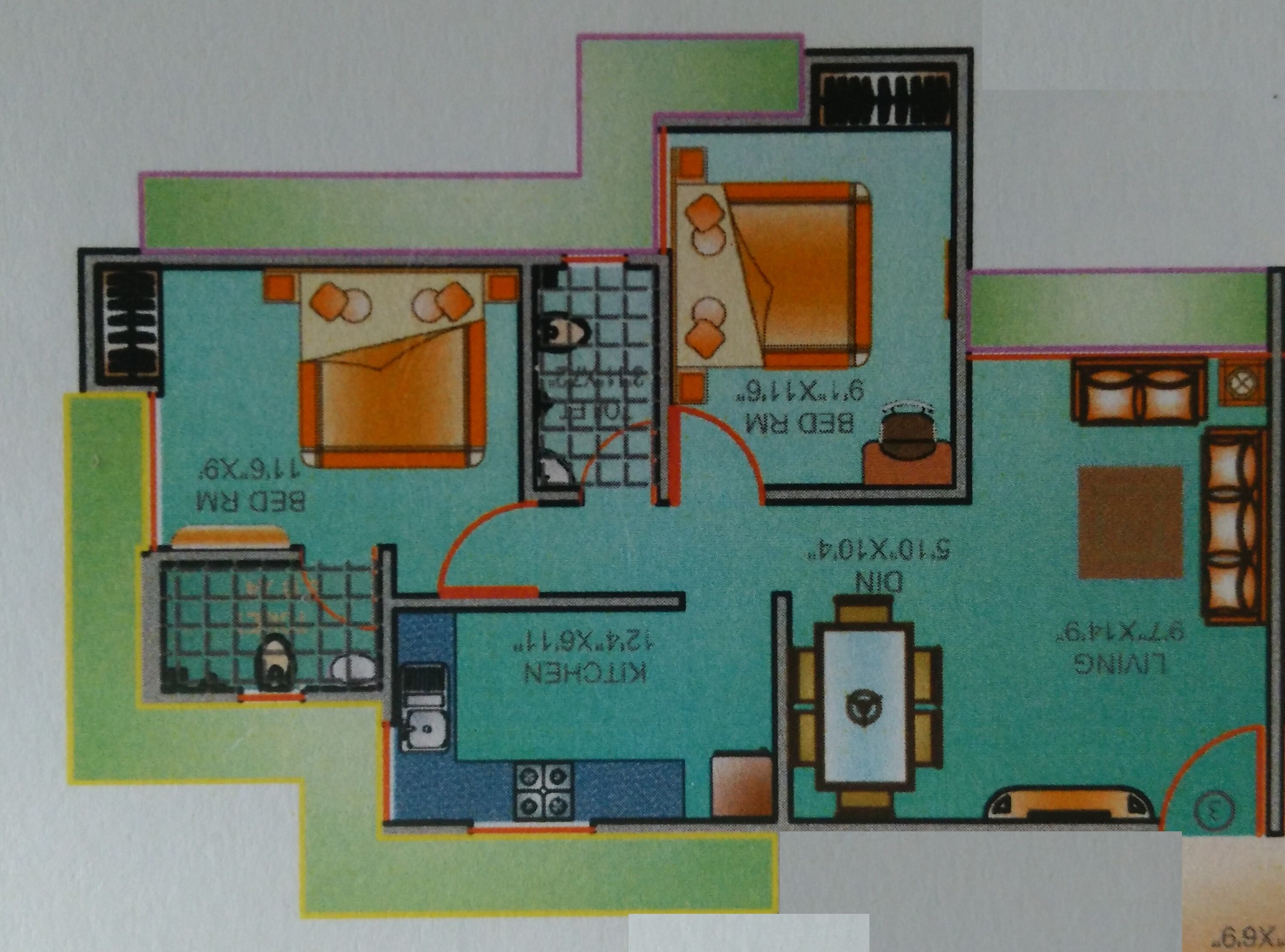 Floor plan of 2 BHK 1030 Sq. Ft. Apartment in Kavya Park, Thane