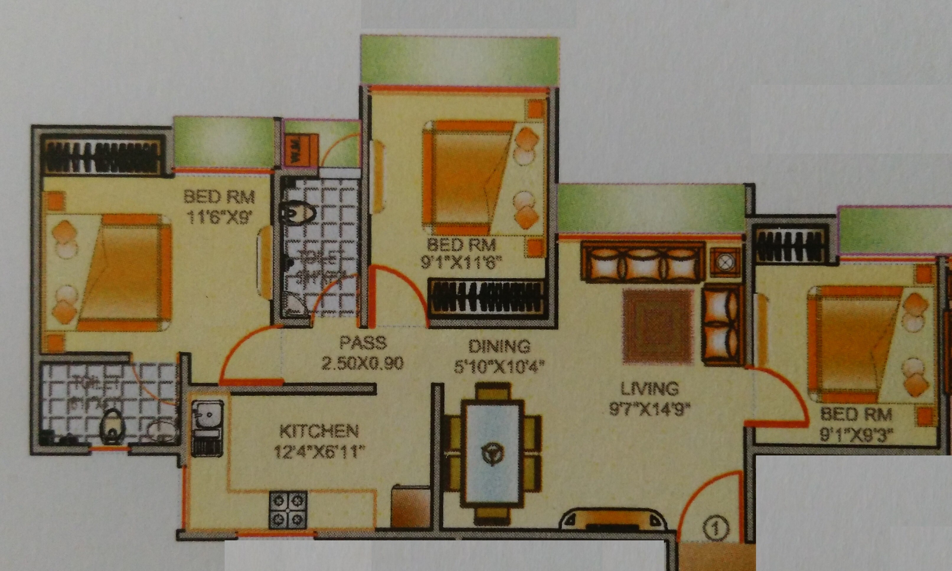 Floor plan of 3 BHK 1175 Sq. Ft. Apartment in Kavya Park, Thane