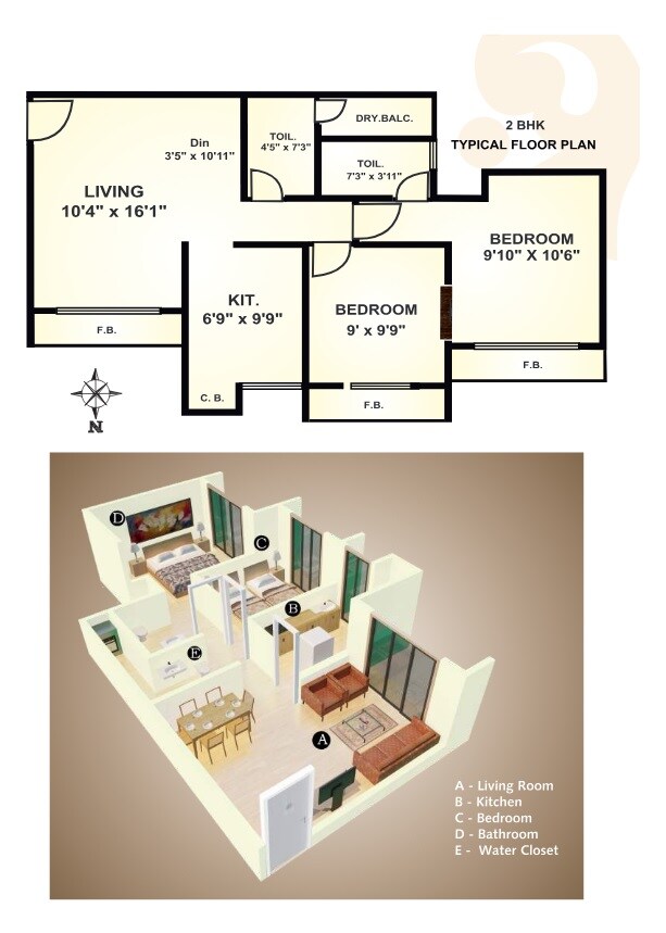 Floor plan of 2 BHK 545 Sq. Ft. Apartment in Kavya Residency Thane, Thane