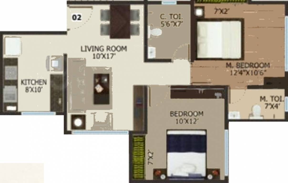 Floor plan of 2 BHK 640 Sq. Ft. Apartment in Keytech Ashok Smruti, Thane