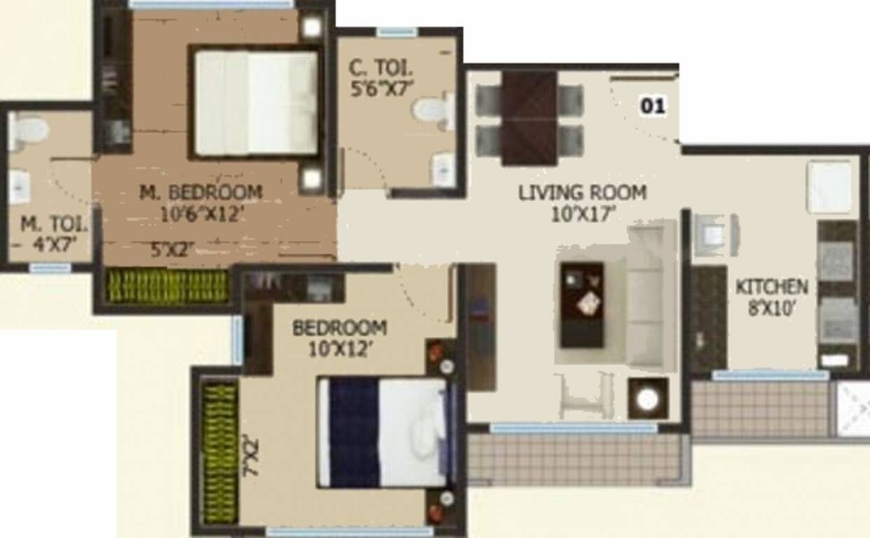 Floor plan of 2 BHK 560 Sq. Ft. Apartment in Keytech Ashok Smruti, Thane