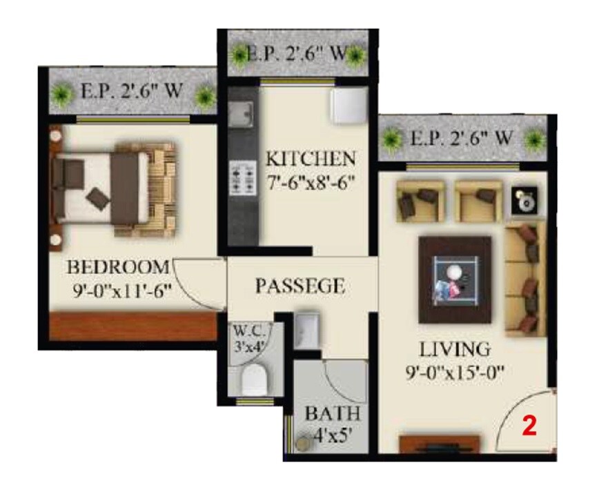 Floor plan of 1 BHK 298 Sq. Ft. Apartment in Khatri Grande, Thane