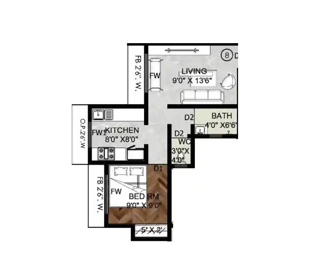Floor plan of 1 BHK 395 Sq. Ft. Apartment in Khrushna Raghunath Heights, Thane