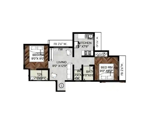Floor plan of 2 BHK 470 Sq. Ft. Apartment in Khrushna Raghunath Heights, Thane