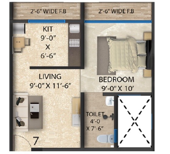 Floor plan of 1 BHK 327 Sq. Ft. Apartment in Khushi Axis World, Thane