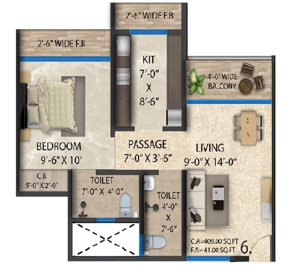 Floor plan of 1 BHK 477 Sq. Ft. Apartment in Khushi Axis World, Thane
