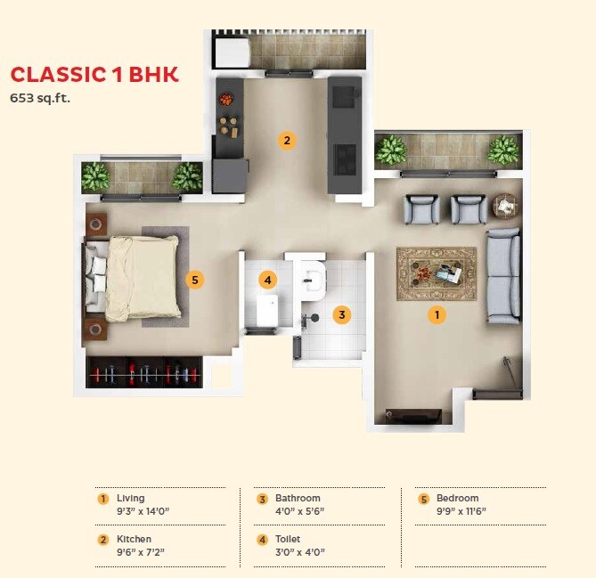 Floor plan of 1 BHK 416 Sq. Ft. Apartment in KIPL Morya, Thane