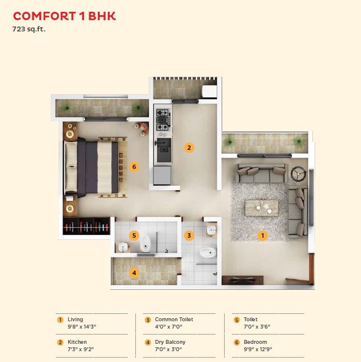Floor plan of 1 BHK 461 Sq. Ft. Apartment in KIPL Morya, Thane