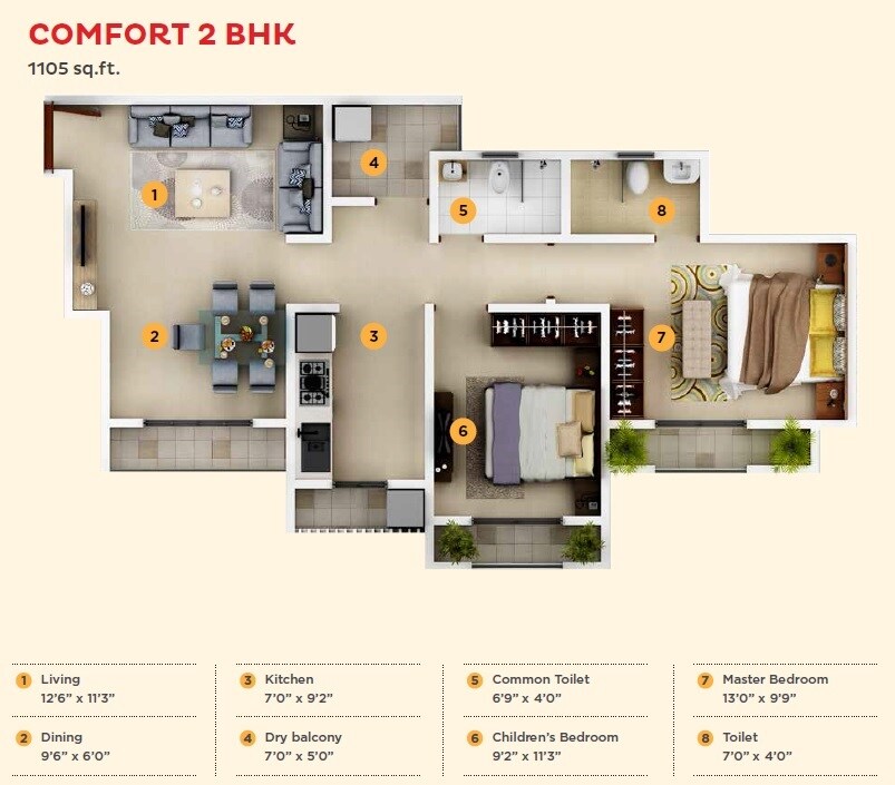 Floor plan of 2 BHK 704 Sq. Ft. Apartment in KIPL Morya, Thane
