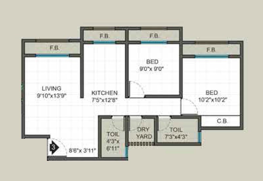 Floor plan of 2 BHK 525 Sq. Ft. Apartment in KM Horizon Exotica, Thane