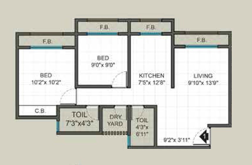 Floor plan of 2 BHK 532 Sq. Ft. Apartment in KM Horizon Exotica, Thane