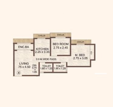 Floor plan of 2 BHK 490 Sq. Ft. Apartment in KM Narmada Mohan Atlantis, Thane