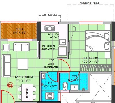 Floor plan of 1 BHK 340 Sq. Ft. Apartment in Kohinoor Aashiyana, Thane