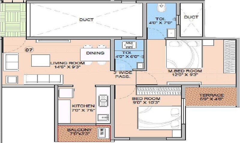 Floor plan of 2 BHK 427 Sq. Ft. Apartment in Kohinoor Aashiyana, Thane