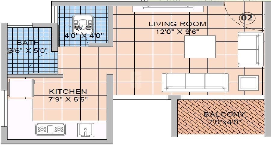 Floor plan of 219 Sq. Ft. Studio in Kohinoor Aashiyana, Thane