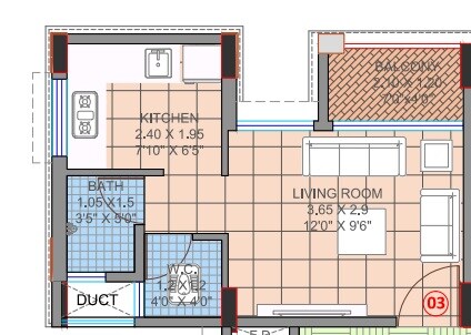 Floor plan of 232 Sq. Ft. Studio in Kohinoor Aashiyana, Thane