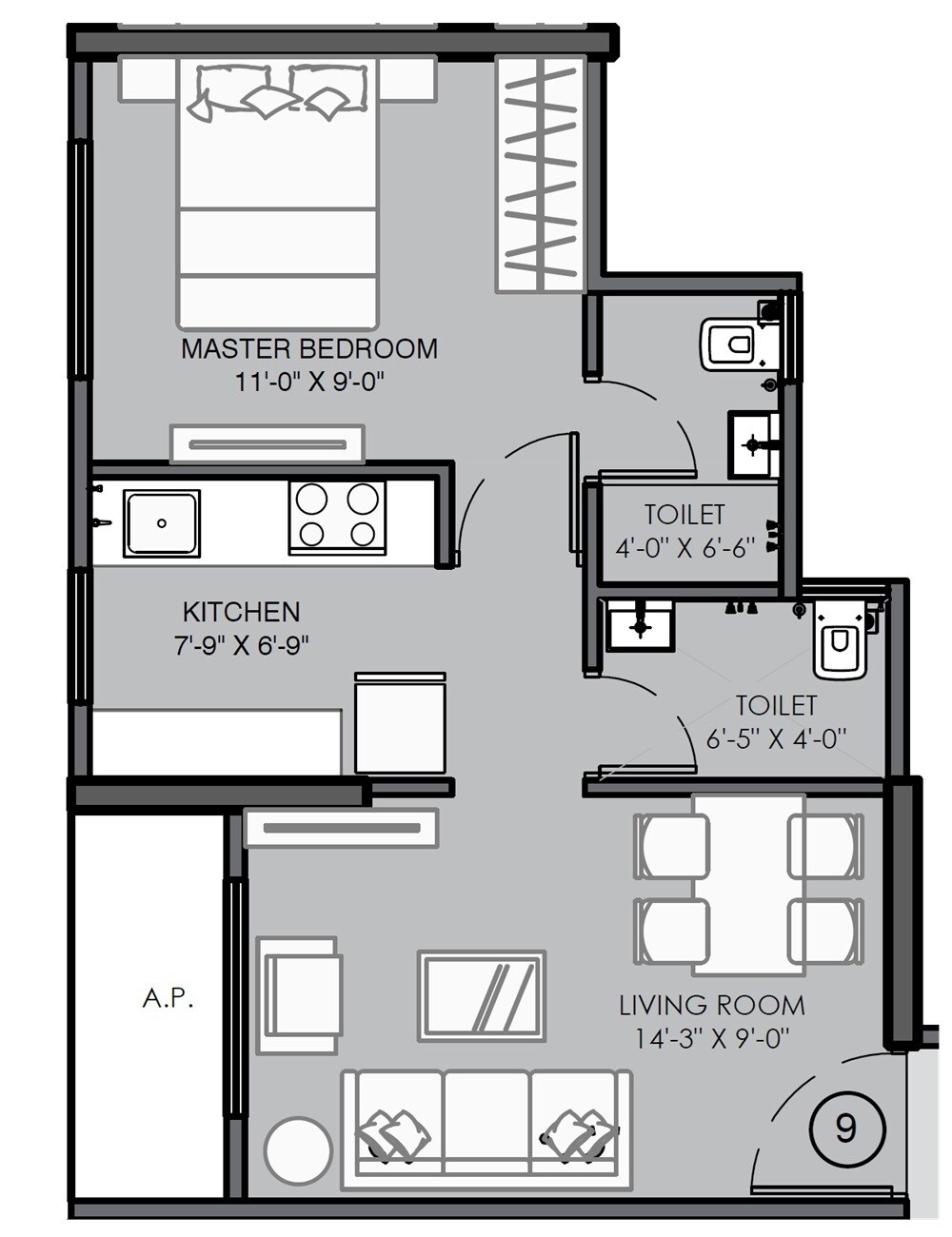 Floor plan of 1 BHK 402 Sq. Ft. Apartment in Kohinoor Anaya, Thane