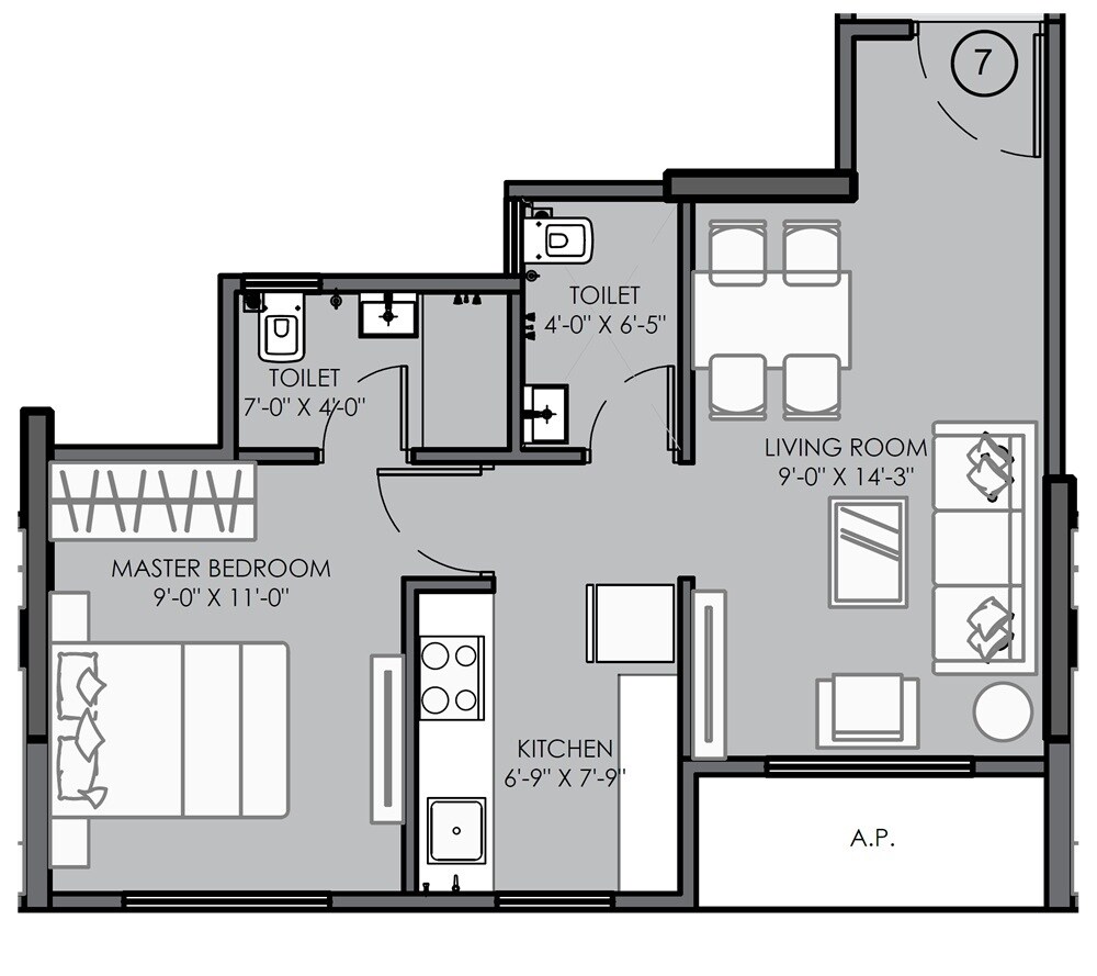 Floor plan of 1 BHK 423 Sq. Ft. Apartment in Kohinoor Anaya, Thane
