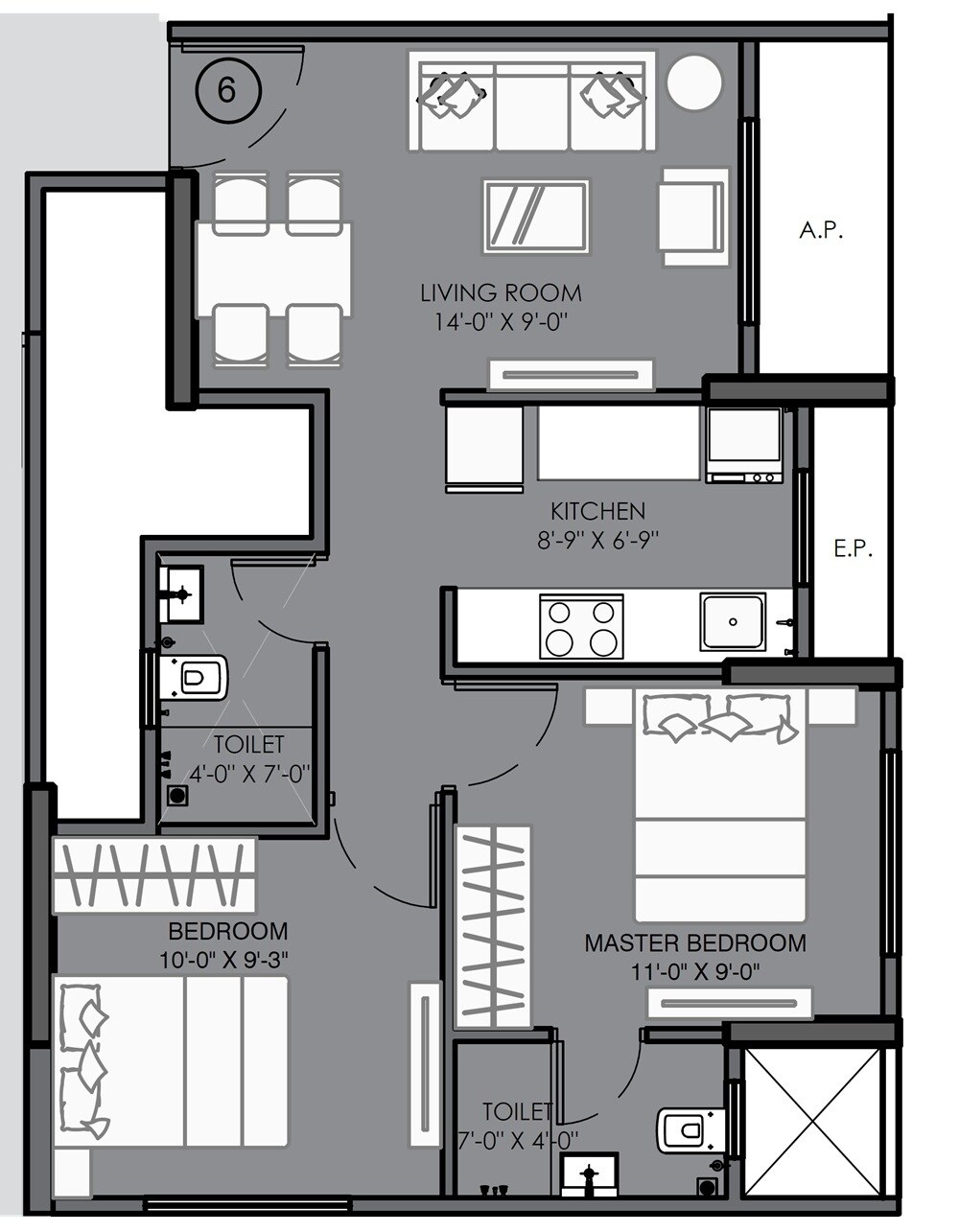 Floor plan of 2 BHK 533 Sq. Ft. Apartment in Kohinoor Anaya, Thane