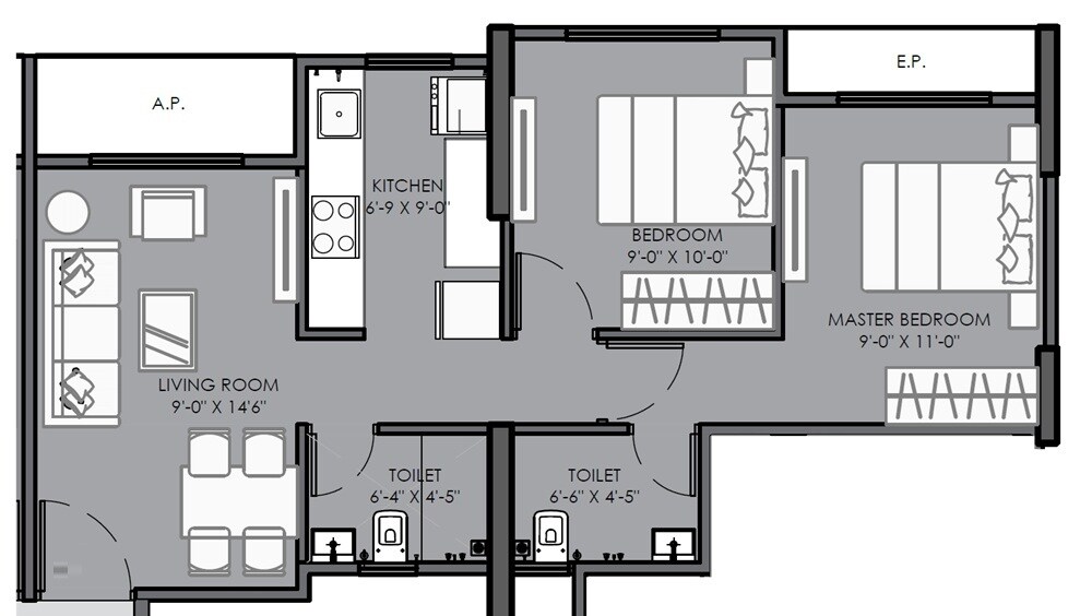 Floor plan of 2 BHK 562 Sq. Ft. Apartment in Kohinoor Anaya, Thane