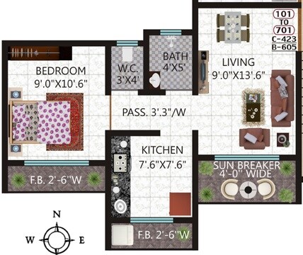 Floor plan of 1 BHK 362 Sq. Ft. Apartment in Kohinoor Castles, Thane