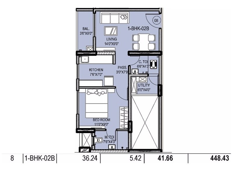 Floor plan of 1 BHK 448 Sq. Ft. Apartment in Kohinoor Eden, Thane