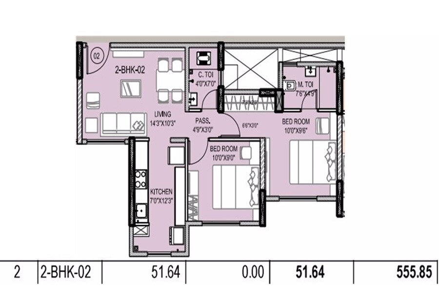 Floor plan of 2 BHK 556 Sq. Ft. Apartment in Kohinoor Eden, Thane