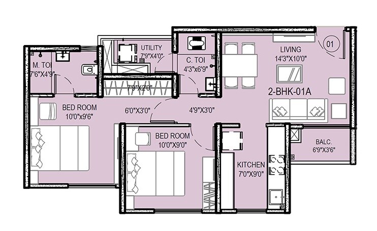 Floor plan of 2 BHK 602 Sq. Ft. Apartment in Kohinoor Eden, Thane