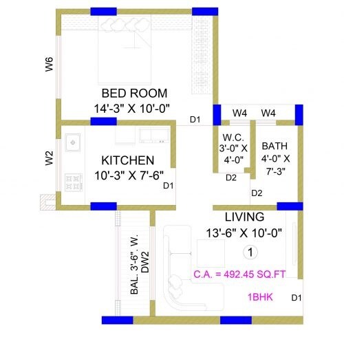Floor plan of 1 BHK 492 Sq. Ft. Apartment in Kohinoor Heights Bhiwandi, Thane