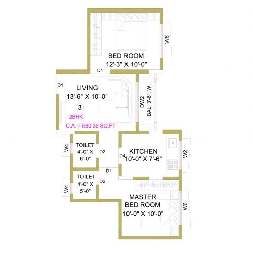 Floor plan of 2 BHK 580 Sq. Ft. Apartment in Kohinoor Heights Bhiwandi, Thane