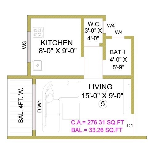 Floor plan of 276 Sq. Ft. Studio in Kohinoor Heights Bhiwandi, Thane