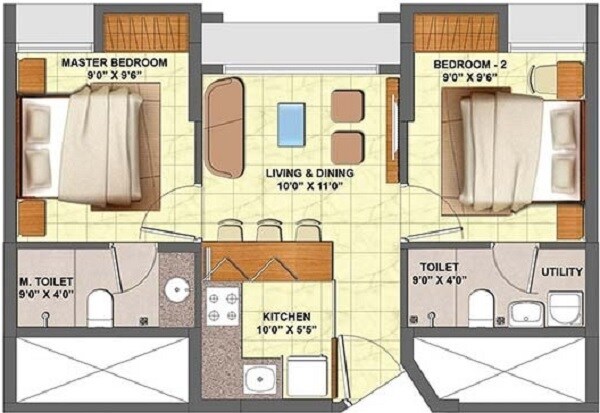Floor plan of 2 BHK 520 Sq. Ft. Apartment in Kohinoor Highland, Thane