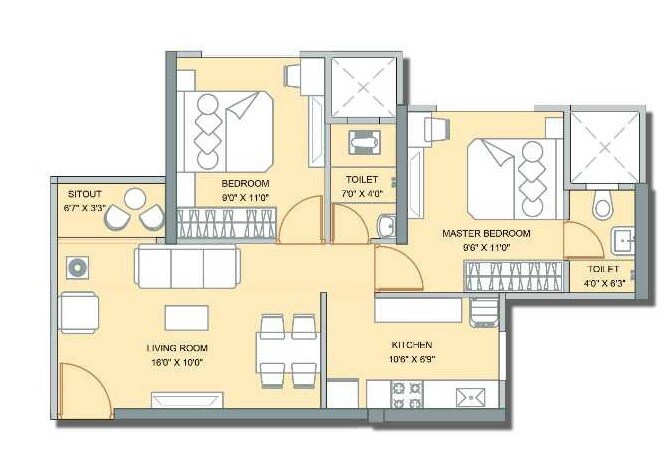 Floor plan of 2 BHK 545 Sq. Ft. Apartment in Kohinoor Highland, Thane