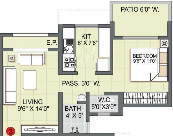 Floor plan of 1 BHK 446 Sq. Ft. Apartment in Kohinoor Luxuria, Thane