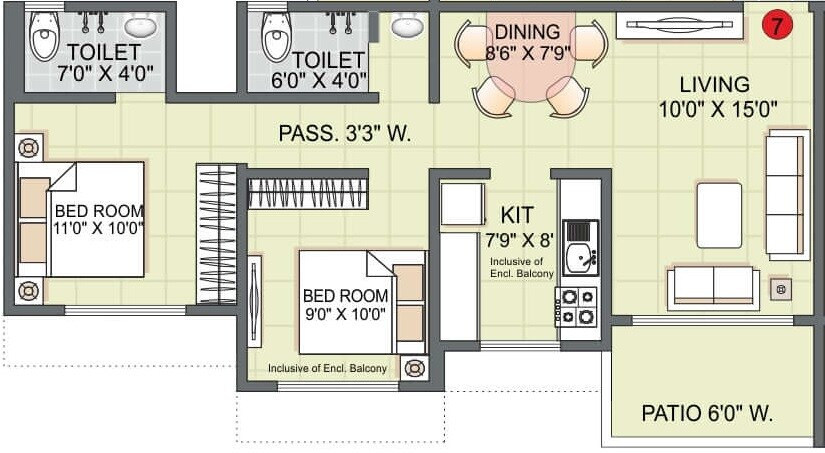 Floor plan of 2 BHK 546 Sq. Ft. Apartment in Kohinoor Luxuria, Thane