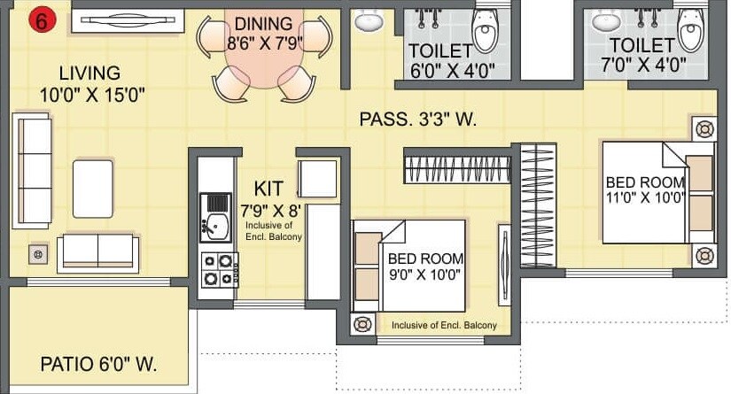 Floor plan of 2 BHK 632 Sq. Ft. Apartment in Kohinoor Luxuria, Thane