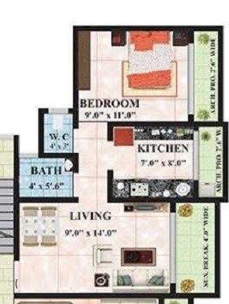 Floor plan of 1 BHK 605 Sq. Ft. Apartment in Kohinoor Maxciti, Thane