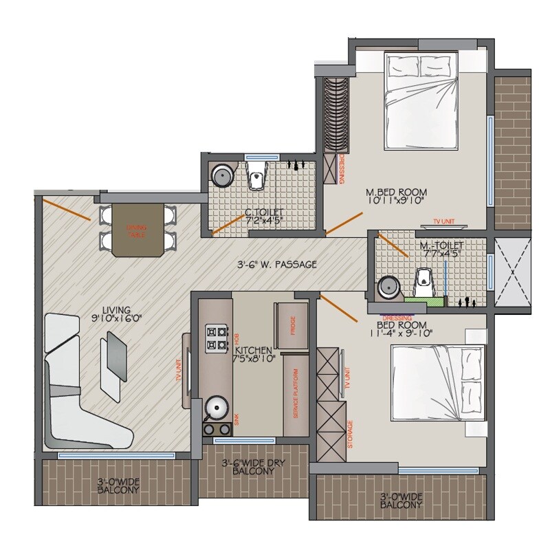 Floor plan of 2 BHK 714 Sq. Ft. Apartment in Kohinoor Pearl, Thane