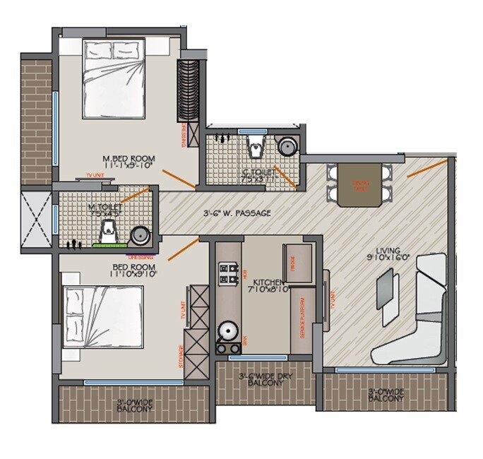 Floor plan of 2 BHK 726 Sq. Ft. Apartment in Kohinoor Pearl, Thane