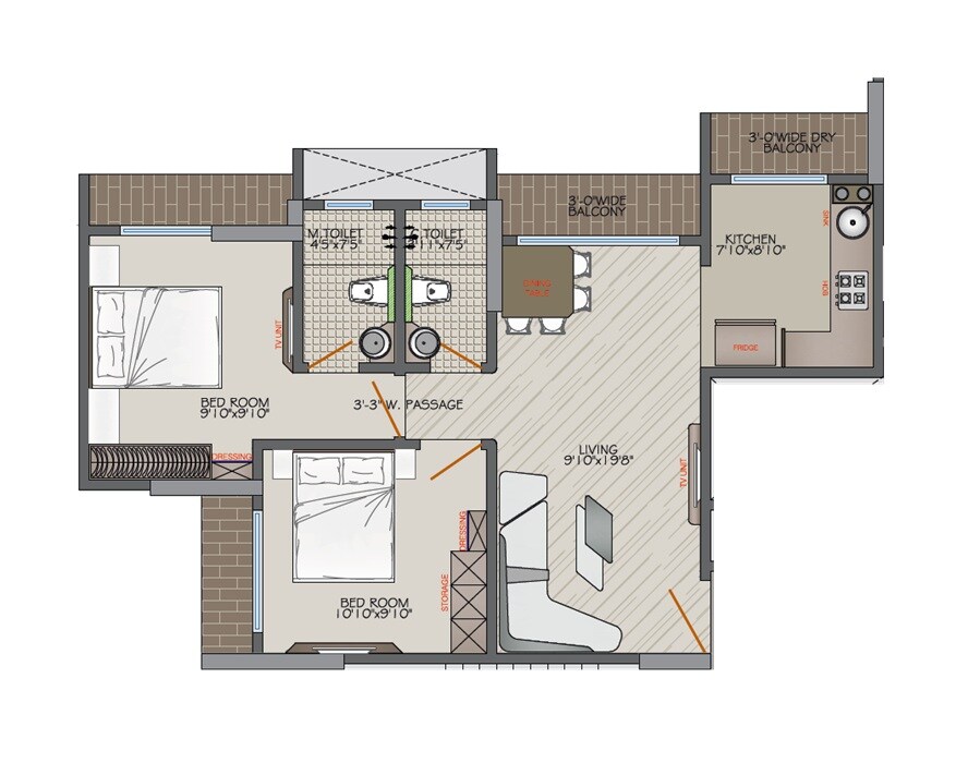 Floor plan of 2 BHK 728 Sq. Ft. Apartment in Kohinoor Pearl, Thane