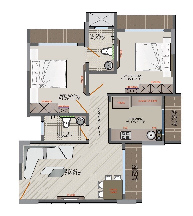 Floor plan of 2 BHK 746 Sq. Ft. Apartment in Kohinoor Pearl, Thane
