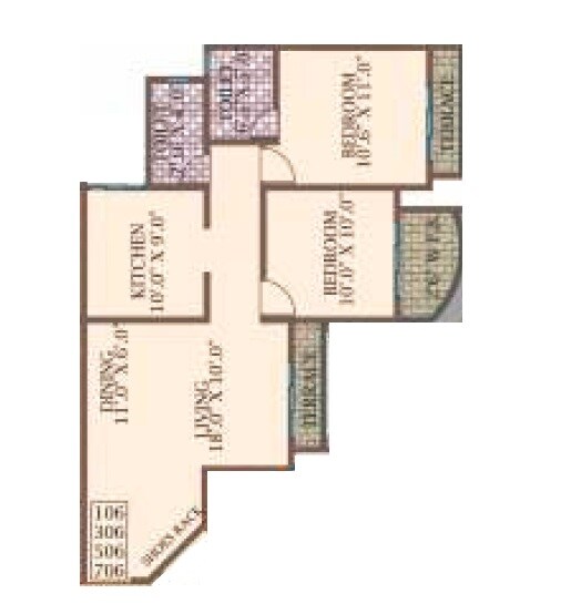Floor plan of 2 BHK 600 Sq. Ft. Apartment in Kohinoor The Waves, Thane