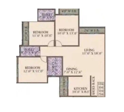 Floor plan of 3 BHK 727 Sq. Ft. Apartment in Kohinoor The Waves, Thane