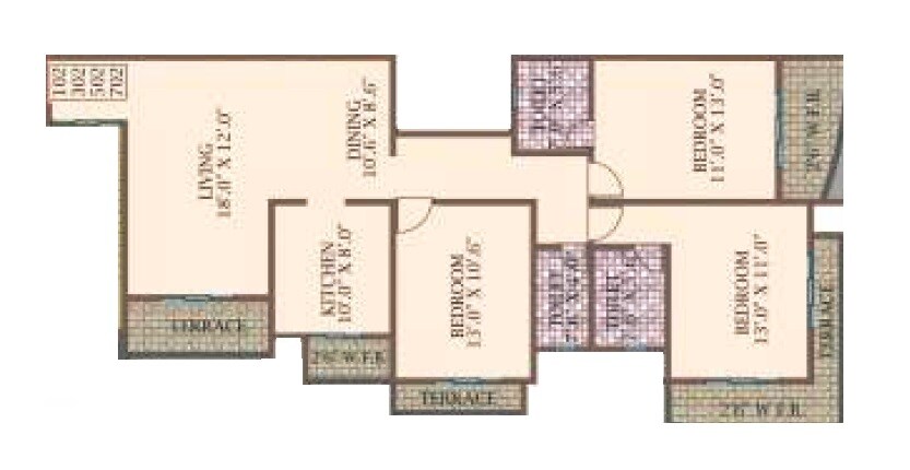 Floor plan of 3 BHK 810 Sq. Ft. Apartment in Kohinoor The Waves, Thane