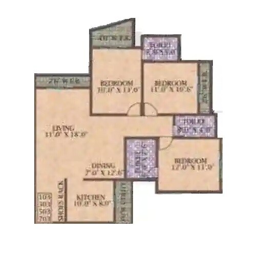 Floor plan of 3 BHK 996 Sq. Ft. Apartment in Kohinoor The Waves, Thane