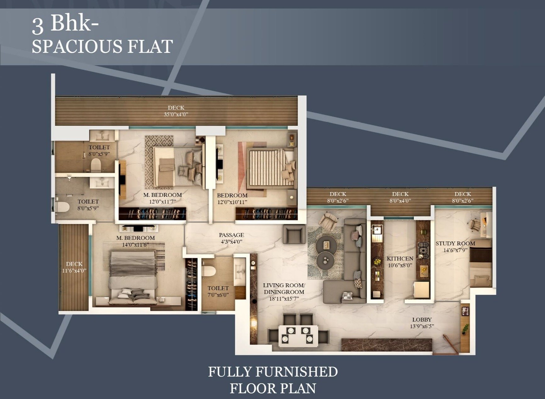 Floor plan of 3 BHK 1497 Sq. Ft. Apartment in KR Heights Kamatghar, Thane