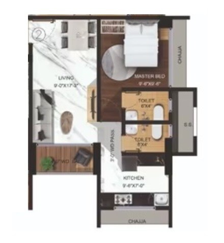Floor plan of 1 BHK 406 Sq. Ft. Apartment in Krisha Vasudev Ratna, Thane