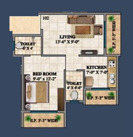 Floor plan of 1 BHK 436 Sq. Ft. Apartment in Krishna Darshan Badlapur, Thane